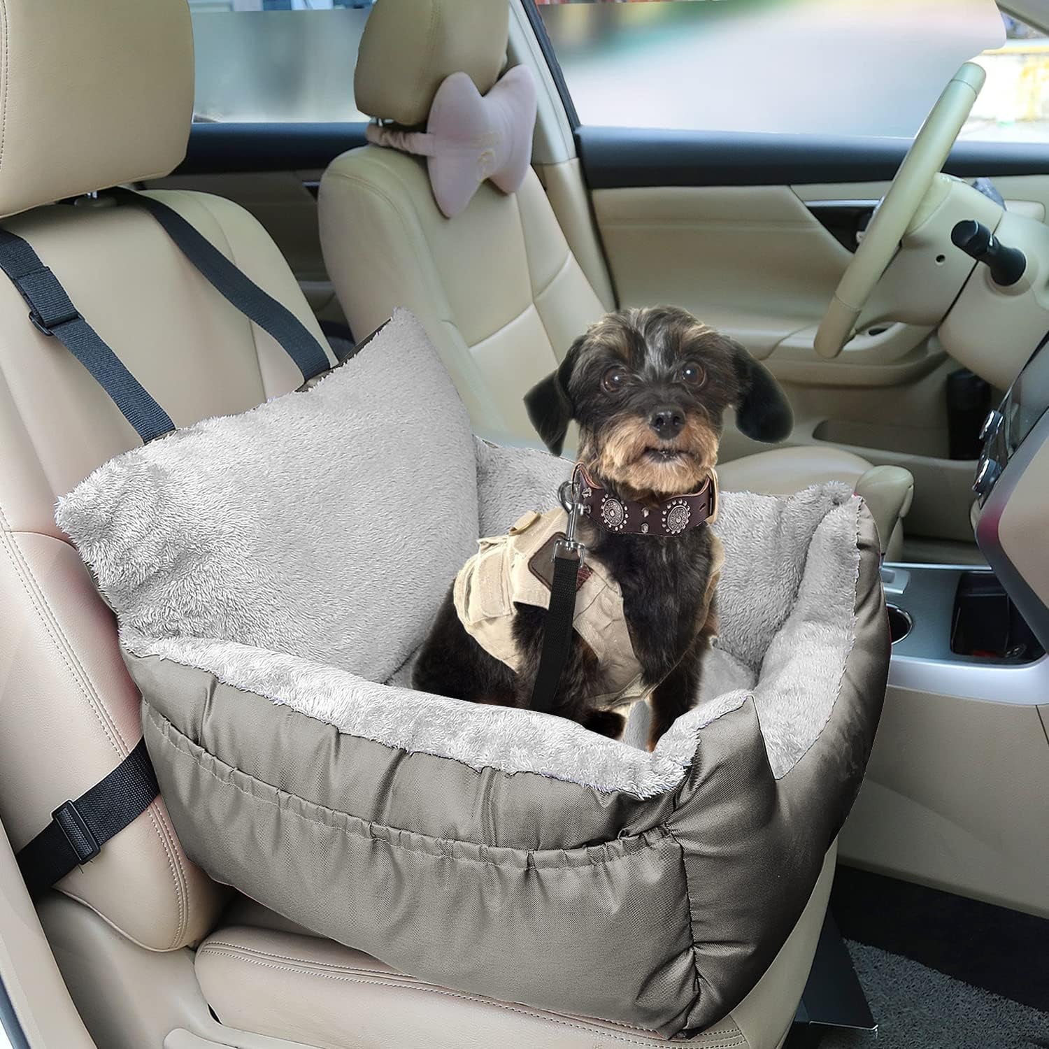 Dog Car Seat for Small Dogs - Warm Soft Washable Pet Car Bed with Storage Pocket and Clip-On Safety Leash - Portable Travel Carrier Booster Seat