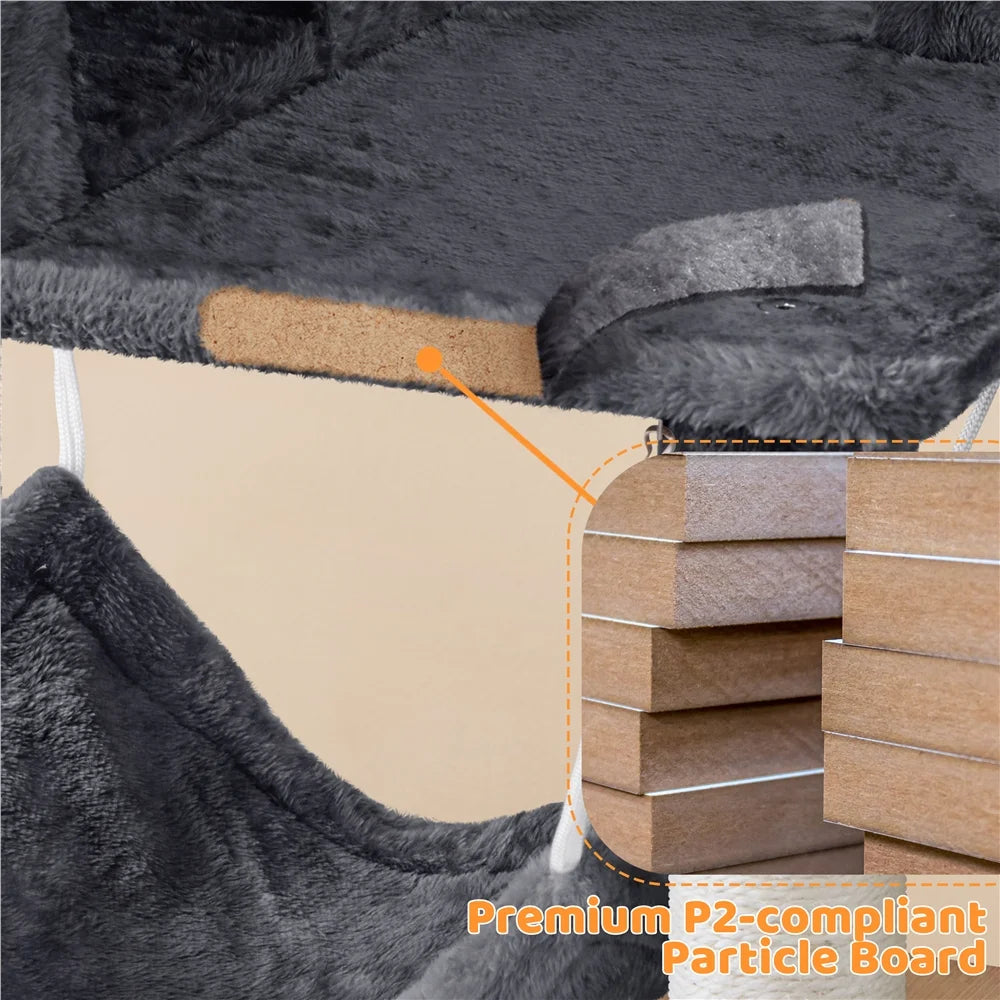 73In Multilevel Large Cat Tree Scratching Post Tower with Condos & Basket & Hammock Dark Gray