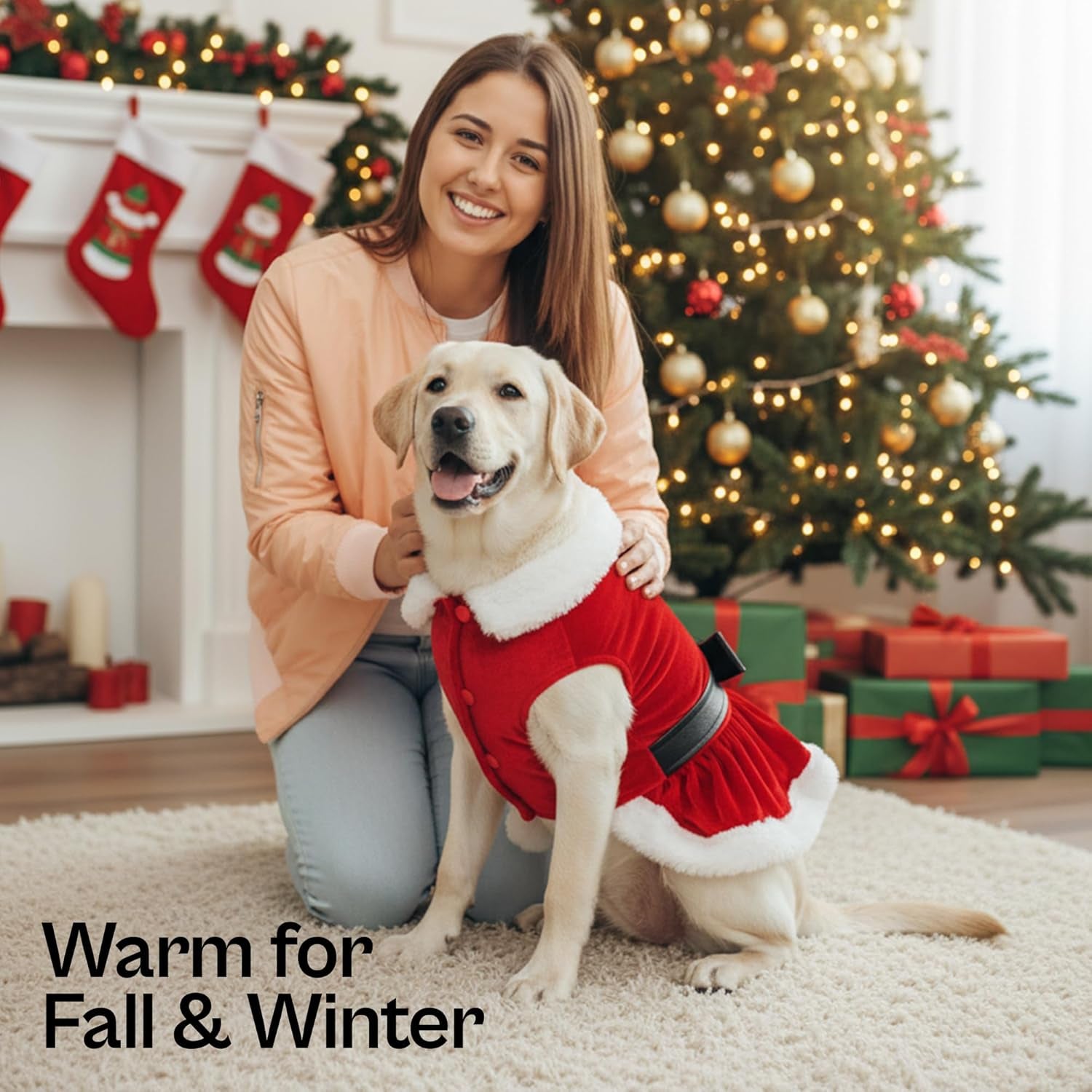 Dog Christmas Dress – Pet Xmas Dog Dress – Mrs. Santa Claus Doggy Costume – Red Velvet Skirt Small Puppy Dresses – Winter Fall Pet Clothes - Christmas Outfit for Large Dogs Girl - L