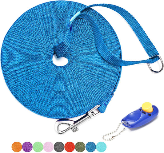 50 Ft Long Leash for Dog Training, Play, Camping, or Backyard Lead with Free Training Clickers for Small, Medium and Large Dogs (Blue)