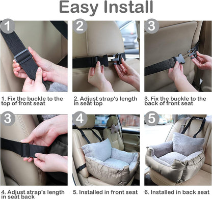 Dog Car Seat for Small Dogs - Warm Soft Washable Pet Car Bed with Storage Pocket and Clip-On Safety Leash - Portable Travel Carrier Booster Seat