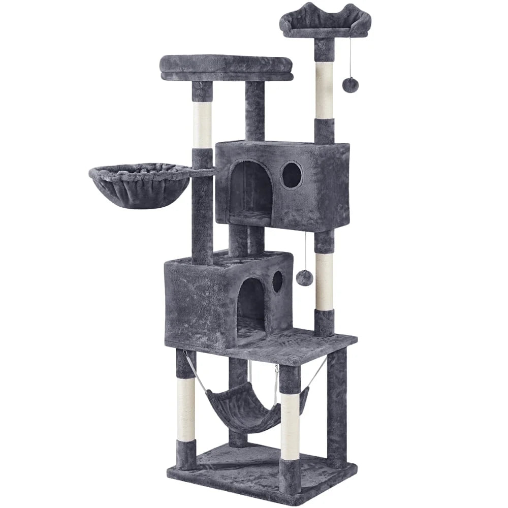73In Multilevel Large Cat Tree Scratching Post Tower with Condos & Basket & Hammock Dark Gray