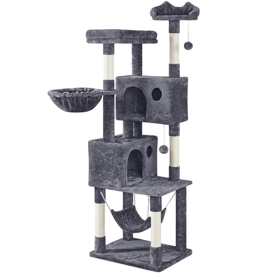 73In Multilevel Large Cat Tree Scratching Post Tower with Condos & Basket & Hammock Dark Gray