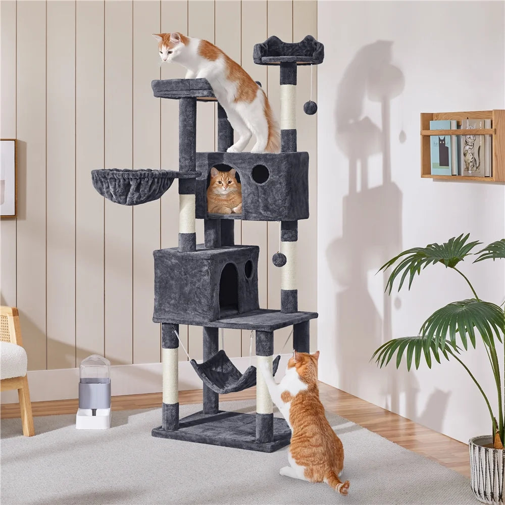 73In Multilevel Large Cat Tree Scratching Post Tower with Condos & Basket & Hammock Dark Gray