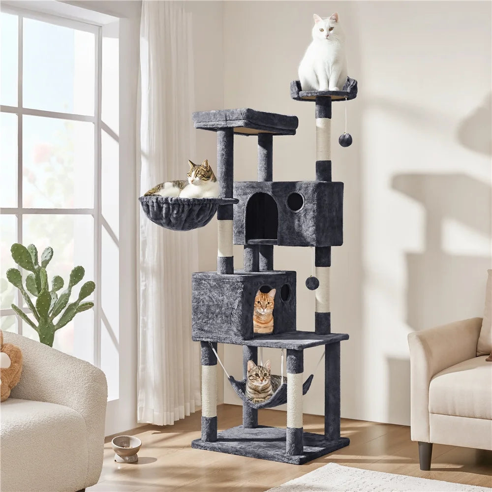 73In Multilevel Large Cat Tree Scratching Post Tower with Condos & Basket & Hammock Dark Gray