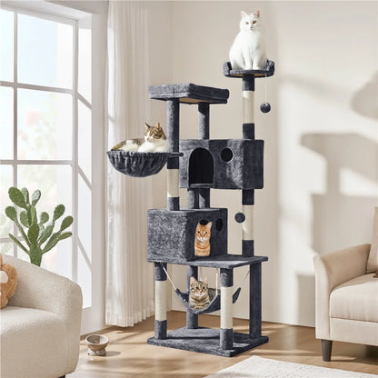 73In Multilevel Large Cat Tree Scratching Post Tower with Condos & Basket & Hammock Dark Gray