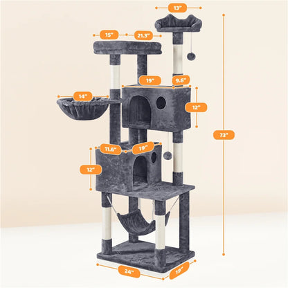 73In Multilevel Large Cat Tree Scratching Post Tower with Condos & Basket & Hammock Dark Gray