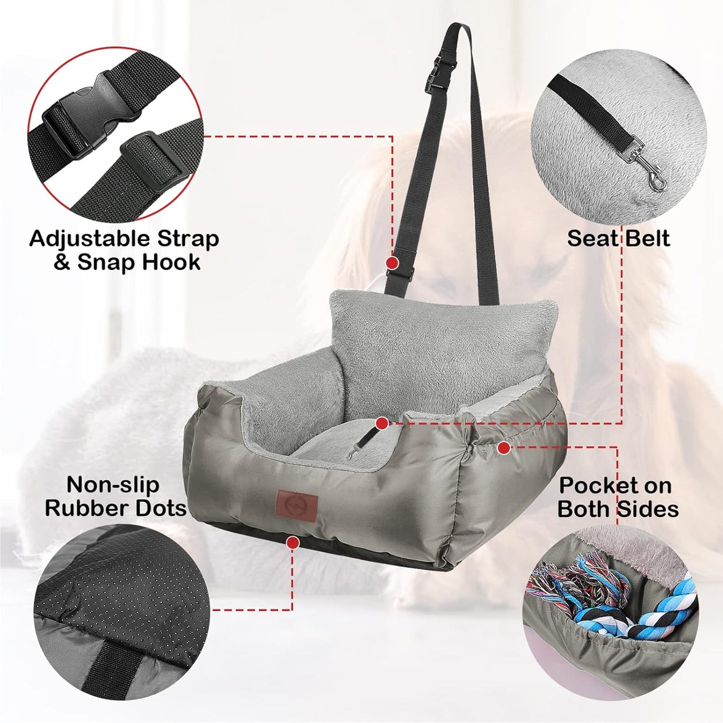 Dog Car Seat for Small Dogs - Warm Soft Washable Pet Car Bed with Storage Pocket and Clip-On Safety Leash - Portable Travel Carrier Booster Seat