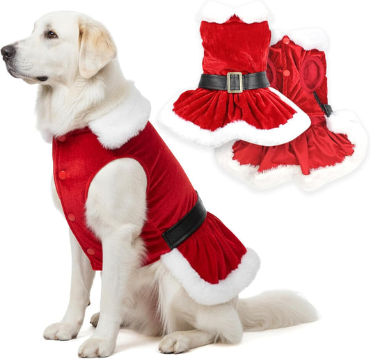 Dog Christmas Dress – Pet Xmas Dog Dress – Mrs. Santa Claus Doggy Costume – Red Velvet Skirt Small Puppy Dresses – Winter Fall Pet Clothes - Christmas Outfit for Large Dogs Girl - L