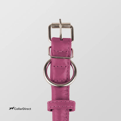 Rolled Leather Dog Collar, Soft Padded round Puppy Collar, Handmade Genuine Leather Collar Dog Small Large Cat Collars 13 Colors (6-7 Inch, Pink Textured)