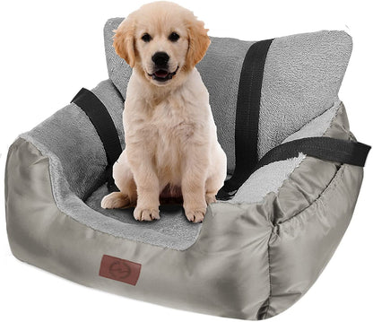 Dog Car Seat for Small Dogs - Warm Soft Washable Pet Car Bed with Storage Pocket and Clip-On Safety Leash - Portable Travel Carrier Booster Seat