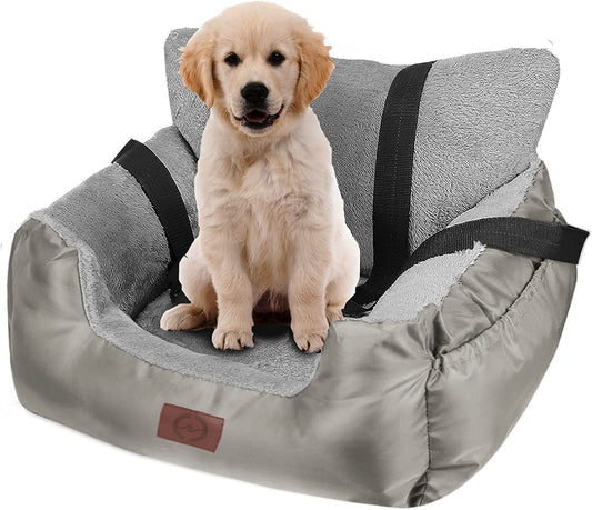 Dog Car Seat for Small Dogs - Warm Soft Washable Pet Car Bed with Storage Pocket and Clip-On Safety Leash - Portable Travel Carrier Booster Seat