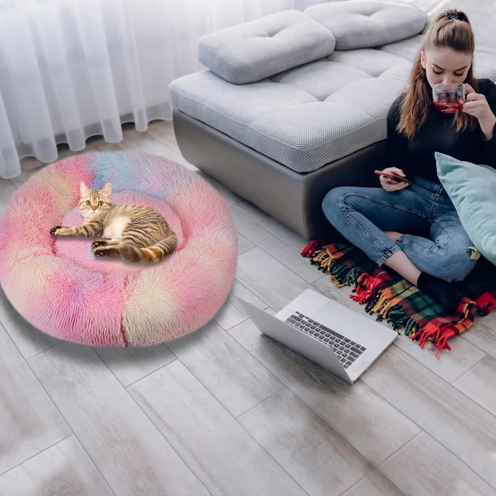 Calming Donut Dog Bed Anti-Anxiety, Self Warming, Cozy Soft Plush round Pet Bed, Ideal for Both Home & Travel, 30"L X 30"W X 8"H